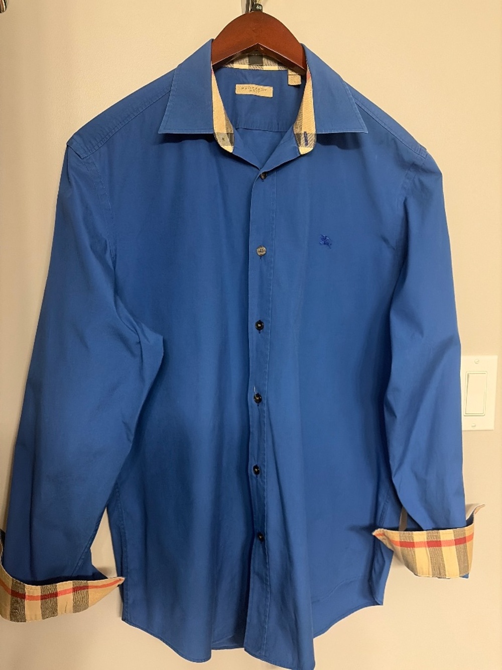 Burberry Men's L Blue Dress Shirt Nova Check Cuff Collar Equestrian Logo - FLAW
